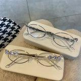 DAIIIBABYYY  -  Women's Punk Retro Silver Anti Blue Light Eyewear Rhinestone Stainless Steel Oval Frame Glasses Girl Reading Seaside Spectacles