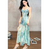 DAIIIBABYYY  -  Summer Women's Suspender Dress Sleeveless Holiday Romantic Sexy Oil Painting Halo Dyed Fishtail Skirt Irregular Camisole Dress