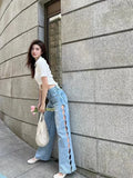 Daiiibabyyy New Vintage Loose Wide Leg Jeans for Women High Waist Sexy Pearl Hollow Korean Casual Straight Trousers Women