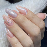 Daiiibabyyy 24Pcs Press on Nails Long Stiletto False Nails with Glitter Powder Pink Marbling Design Fake Nail Tips Reusable Almond Nails Art