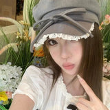 DAIIIBABYY  -  Korean Version Ins Bow Lace Edge Berets Caps for Women Spring and Summer New Versatile Show Face Small Literary Octagonal Hat