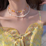 Daiiibabyyy -  Bohemia Contrast Color Beaded Flowers Choker Necklace for Women Irregular Freshwater Pearl Pendant Necklaces Jewellery