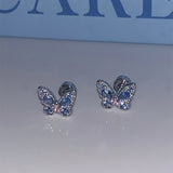 Daiiibabyyy New Fashion Personality Bling Blue Zircon Butterfly Earrings for Women Exquisite Stainless Steel Studs Sweet Cool Party Jewelry