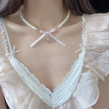 DAIIIBABYYY  -  Bow Love Cross Imitation Pearl Pendant Necklace for Women French Romantic Sweet Lolita Clavicle Chain Harajuku Fashion Jewelry