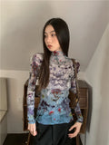 DAIIIBABYYY  -  Floral Long Sleeve Tees Ruched T Shirt For Women Aesthetic Tshirts Spring Summer Fashion Tops Clothing