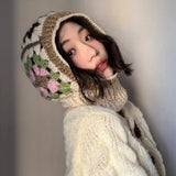 DAIIIBABYYY  -  Handmade Crochet Balaclava Hats for Women Autumn and Winter Korean Warm Niche Neck Protection Knitted Pullover Beanies Caps Men