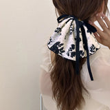 DAIIIBABYYY  -  New Vintage Print Bow Ink Skirt Elastic Scrunchie Headband Elegant Fashion Lady Ponytail Streamer Hair Rope Hair Accessories