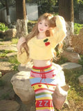 DAIIIBABYYY  - Sweet Cherry Long Sleeve Knitted Pullover Tops Women+ Y2k High Waist Couleur Stripes Skirts 2024 Autumn New Two Piece Asets