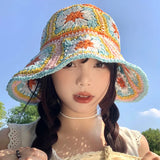 DAIIIBABYY  -  Dopamine Contrasting Color Flower Straw Cap for Women Summer Seaside Vacation Sunscreen Fashion Big Brim Hollow Woven Bucket Hat