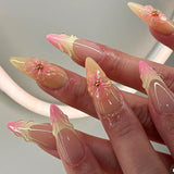 DAIIIBABYYY  -  24pcs Ins 3D Flower Fake Nails Sweet Gradient Yellow Press on Nails Full Cover Wearable Hand-paint French Almond False Nail Tips