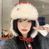 DAIIIBABYYY  -  Vintage Red Plush Strap Bomber Hats for Women Show Face Small Autumn and Winter Outdoor Warm Ear Protection Versatile Ski Caps