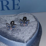 Daiiibabyyy New Fashion Personality Bling Blue Zircon Butterfly Earrings for Women Exquisite Stainless Steel Studs Sweet Cool Party Jewelry