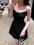 DAIIIBABYYY  -  High Quality Luxury Vestidos Para Mujer Black Strap Dress  Summer New French Pearl Collar Skirt Temperament Women's Dress