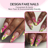 DAIIIBABYYY  -  24pcs Summer Flowers Pattern False Nails Green French Almond Fake Nail Patch Full Cover Wearable Press on Nails for Women Lady