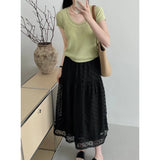 Daiiibabyyy   -  Spring Summer Lace Fairy White Skirts Women Elastic High Waist A-line Long Skirt