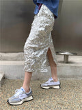 DAIIIBABYYY  -  Metallic Long Silver Skirt For Women Summer Texture Ruched High Fashion A Line Glitter Slit Midi Skirt Designer Clothes