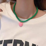 DAIIIBABYYY  -  Kpop Pink Love Heart Pendant Green Beaded Choker Necklace For Women Aesthetic Vintage Jewely Accessory