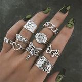 DAIIIBABYYY  -  Punk Gothic Angel Fairy Rings Set for Women Men Retro Silver Color Plated Butterfly Heart Charm Finger Ring Jewelry