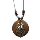 Daiiibabyyy Leaf Pendant Necklaces Vintage Wooden Bohemia Jewelry Sweater Chain Long Neck Chain Ethnic Creative Alloy Hollow Wedding Jewelry