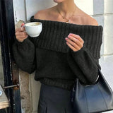 DAIIIBABYYY  -  Women Fashion High Street Slim Sweater Simple Solid Color Slim Warm Sweater Autumn Winter Off Shoulder Long Sleeved Knitted Top