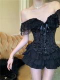 DAIIIBABYYY  -  Palace Style Black Fashion Two Piece Sets Women Off Shoulder Lace Up Corset Shirt&Mini Cake Skirt 2025 New Summer 2 Piece Sets