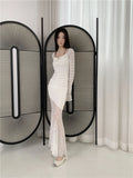 DAIIIBABYYY  -  White Lace Long Sleeve  Square Neck Midi Dress For Women Flare Sleeve Bodycon Tunics Mermaid Dress See Through