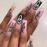 Daiiibabyyy 24Pcs Halloween Ballet False Nails with Ghost Spider Web Design Pink French Fake Nails Detachable Coffin Press on Nail Tips