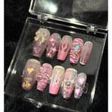 Daiiibabyyy 10pc Handmade Acrylic Millennium Hot Girl Y2k Artificial Nail with Glue Full Cover Pink Ballet False Nail with Butterfly Pattern