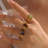 DAIIIBABYYY  -  Stainless Steel Colorful Crystal Open Rings for Women Fashion Gold Color Resin Geometric Oval Adjustable Finger Rings Jewelry