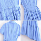 Daiiibabyyy   -  2024 Spring New Women's Fashion Polo Neck Short Sleeve Asymmetric Splicing Hem with Belt Shirt Style Dress