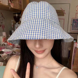 Daiiibabyyy Japanese Retro Turned-brim Bucket Hats for Women Summer Travel Fashion Versatile Sunscreen Fine Plaid Dome Sweet Basin Caps