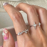 DAIIIBABYYY  -  New Korean Cross Star Open Rings for Women Punk Shiny Zircon Star Tassel Adjustable Couple Finger Ring Y2k Jewelry Gift