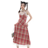 DAIIIBABYYY  -  Women's Wear Strap Dress Lace Plaid Chic Slim Skirt Sexy Backless Summer French Vintage Sleeveless Suspender Mid-length Skirt