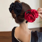 Daiiibabyyy -  New Stereoscopic Rose Flower Hair Claw Handmade Fabric Flowers Grab Hair Clip Sweet Shark Clip Hair Accessories for Women