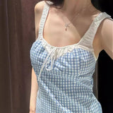 Daiiibabyyy   -  Chic Sweet Plaid Halter Dress Women Spring New French Casual Y2K Lace Kawaii Dress Women Fairytale Lace Cute Mini Dresses