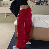 DAIIIBABYYY  -  American Contrasting Vintage Drawstring Sweatpants Fashion Straps Straight Wide Leg Pants Baggy Mopping Trouser Ladies Summer