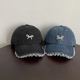 Daiiibabyyy Japanese Style Demin Color Original Pearl Bow Baseball Cap Cowboy Girl Lace Brim Sweet Sun Baseball Hat