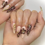 DAIIIBABYYY  -  2024 Brown Leopard print False Nails Retro Gold Flower Design Fake Nail Patch Full Cover Detachable French Almond Press on Nails