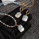 DAIIIBABYYY  -  New ins Oil Painting Baroque Pearl Earrings For Women Vintage Geometric Blue Tail Necklace Set Fashion Aesthetic Jewelry