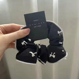 DAIIIBABYYY  -  1pcs White Bowknot Printed Oversized Hair Ropes Ties Temperament Black Hair Scrunchies Women Girls Gum Korean Ponytail Hairband