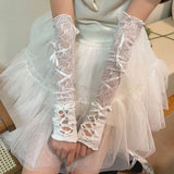 Daiiibabyyy Lolita JK Girls Lace Gloves Delicate Bow Ruffles Tulle Mittens Temperament Bride Wedding Party Gloves