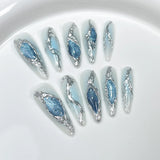 Daiiibabyyy 10pcs Ocean Blue Cat Eyes Metal Press on Nails Long Stiletto Almond Nails Press Ons Spcie Girls Sweet Cool Y2k Fake Nails Tips