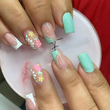 Daiiibabyyy 24Pcs Colorful Flowers Designs False Nails Mid-length Square Press on Nails Cute French Full Cover Nail Tips Removable Fake Nail