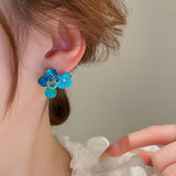 DAIIIBABYYY  -  Exquisite Pink Peacock Blue Crystal Flower Earrings For Women Trendy Elegant Daily Y2k Accessories Party Jewelry Birthday Gifts