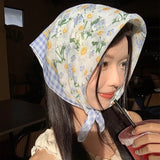 Daiiibabyyy Korean Thin Idyllic Flower Headscarf Women Spring and Summer New Versatile Literary and Retro Decorative Square Hair Scarf