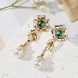 DAIIIBABYYY  -  Charm Emerald Pearl Drop Dangle Earrings for Women Temperament Gold Color Flower Stud Earrings Wedding Bride Jewelry Accessories