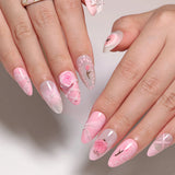 DAIIIBABYYYY  -  24pcs Korean Cute Fake Nails with Sweet Pink 3D Flowers Bowknot Design Almond False Nail Patch Wearable Press on Nails for Girls