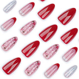 DAIIIBABYYYY  -  24pcs French Red Candy Striped False Nails Christmas Silver Glitter Pink Press on Nails Wearable Short Almond Fake Nail Tips