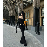 DAIIIBABYYY  -   Summer Womens Black Sexy Dress Strapless Hollow Out Europe and America Fashion Luxury Spicy Girl Female NEW Long Dress