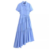 Daiiibabyyy   -  2024 Spring New Women's Fashion Polo Neck Short Sleeve Asymmetric Splicing Hem with Belt Shirt Style Dress